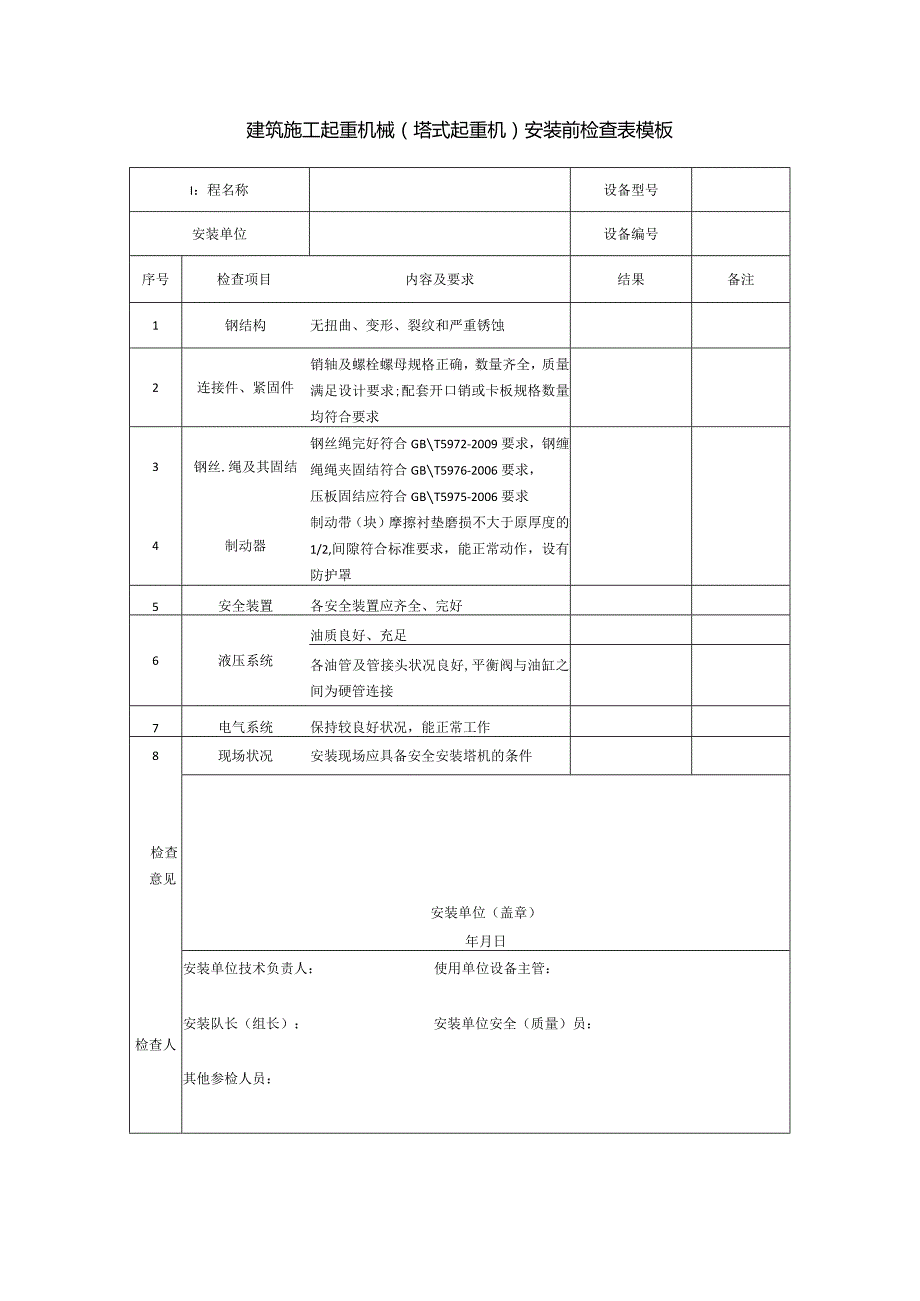 建筑施工起重机械（塔式起重机）安装前检查表模板.docx_第1页