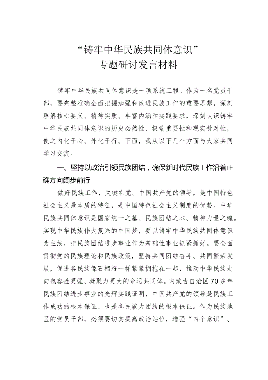 “铸牢中华民族共同体意识”专题研讨发言材料.docx_第1页