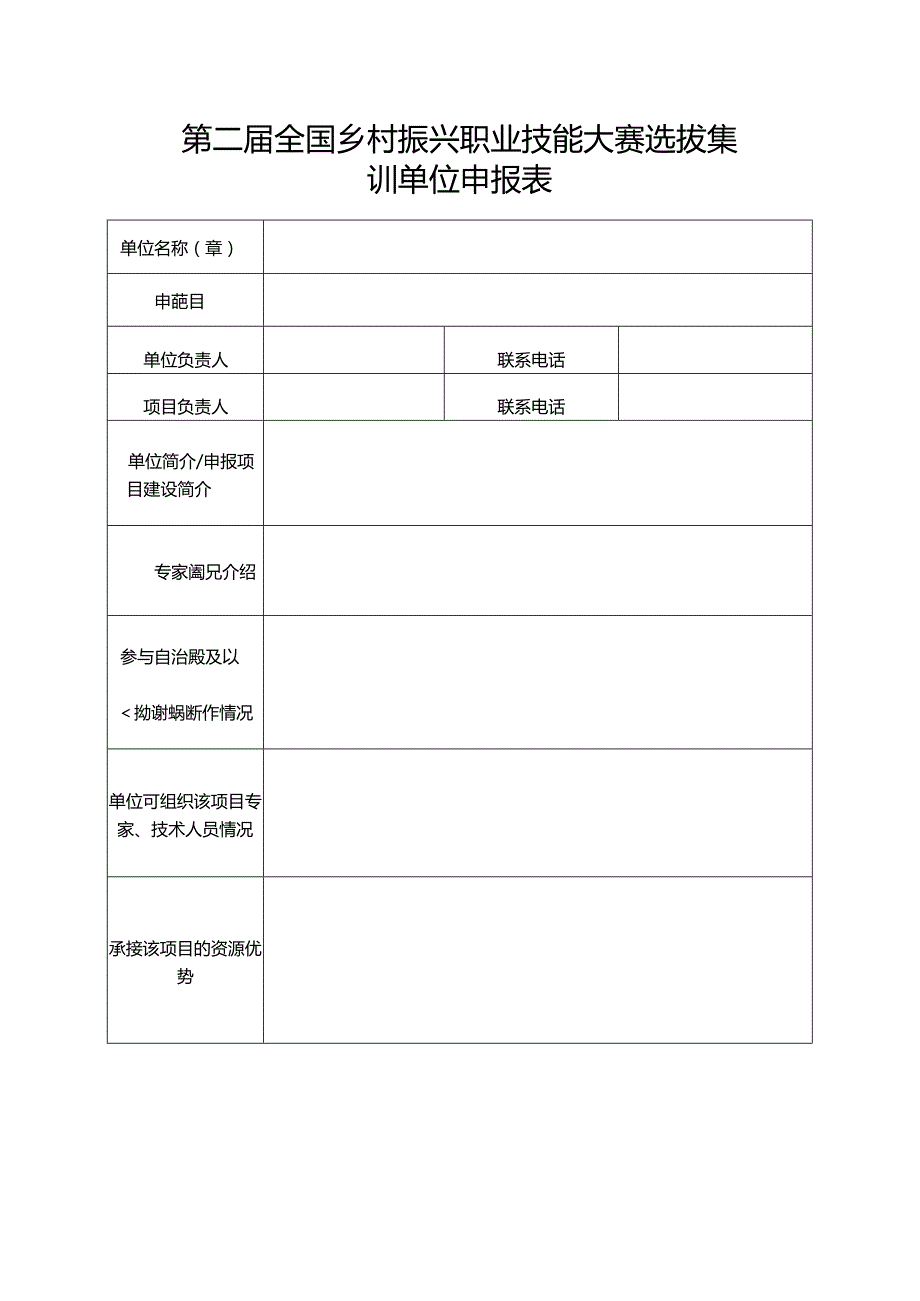 第二届全国乡村振兴职业技能大赛选拔集训单位申报表.docx_第1页