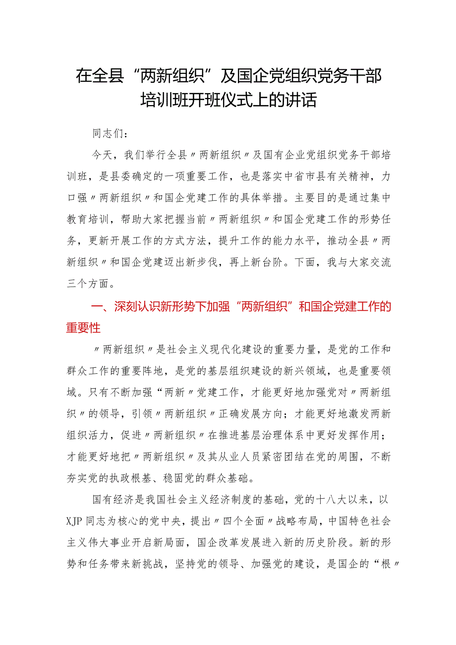 在全县“两新组织”及国企党组织党务干部培训班开班仪式上的讲话.docx_第1页