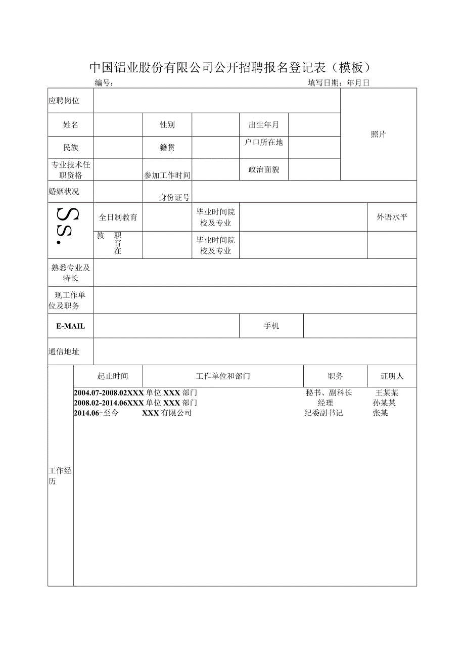 中国铝业股份有限公司公开招聘报名登记表模板.docx_第1页