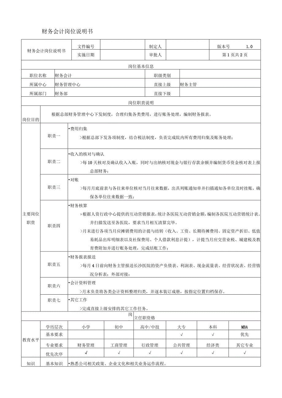 公司财务会计岗位说明书.docx_第1页