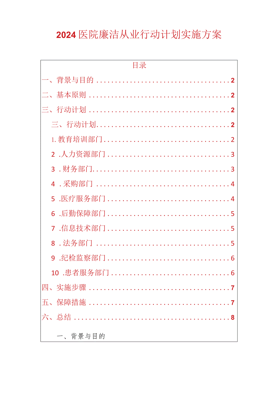 2024医院廉洁从业行动计划实施方案.docx_第1页