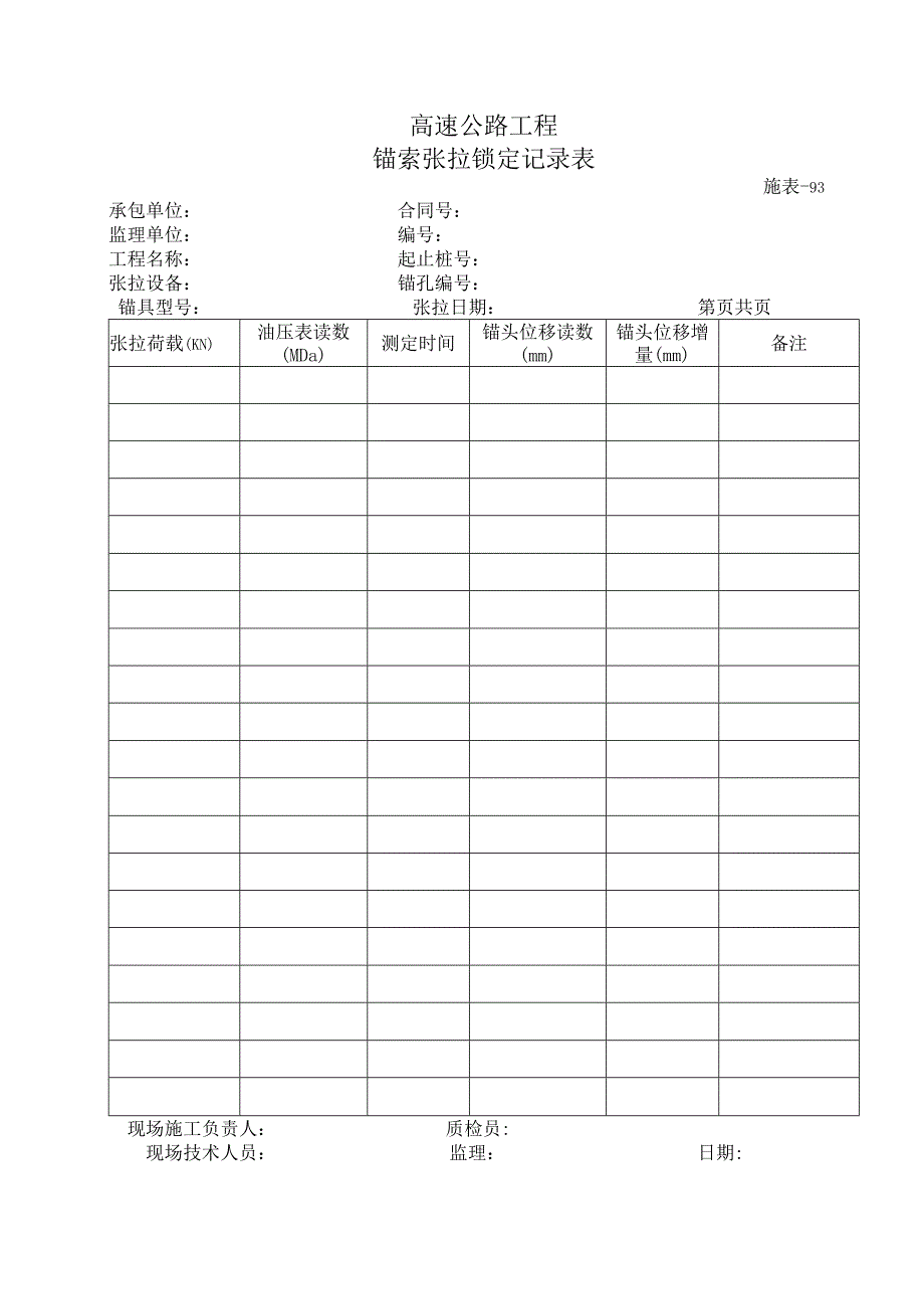 施表-93 锚索张拉锁定记录表.docx_第1页