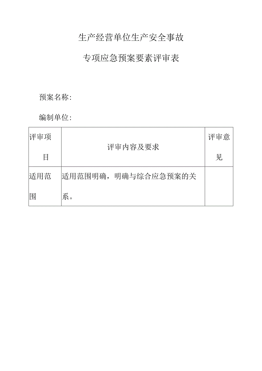 生产经营单位生产安全事故专项应急预案要素评审表.docx_第1页