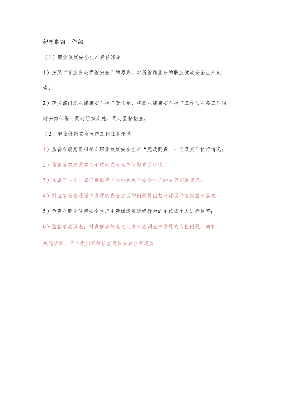 纪检监督工作部职业健康安全生产责任清单及工作任务清单.docx_第1页