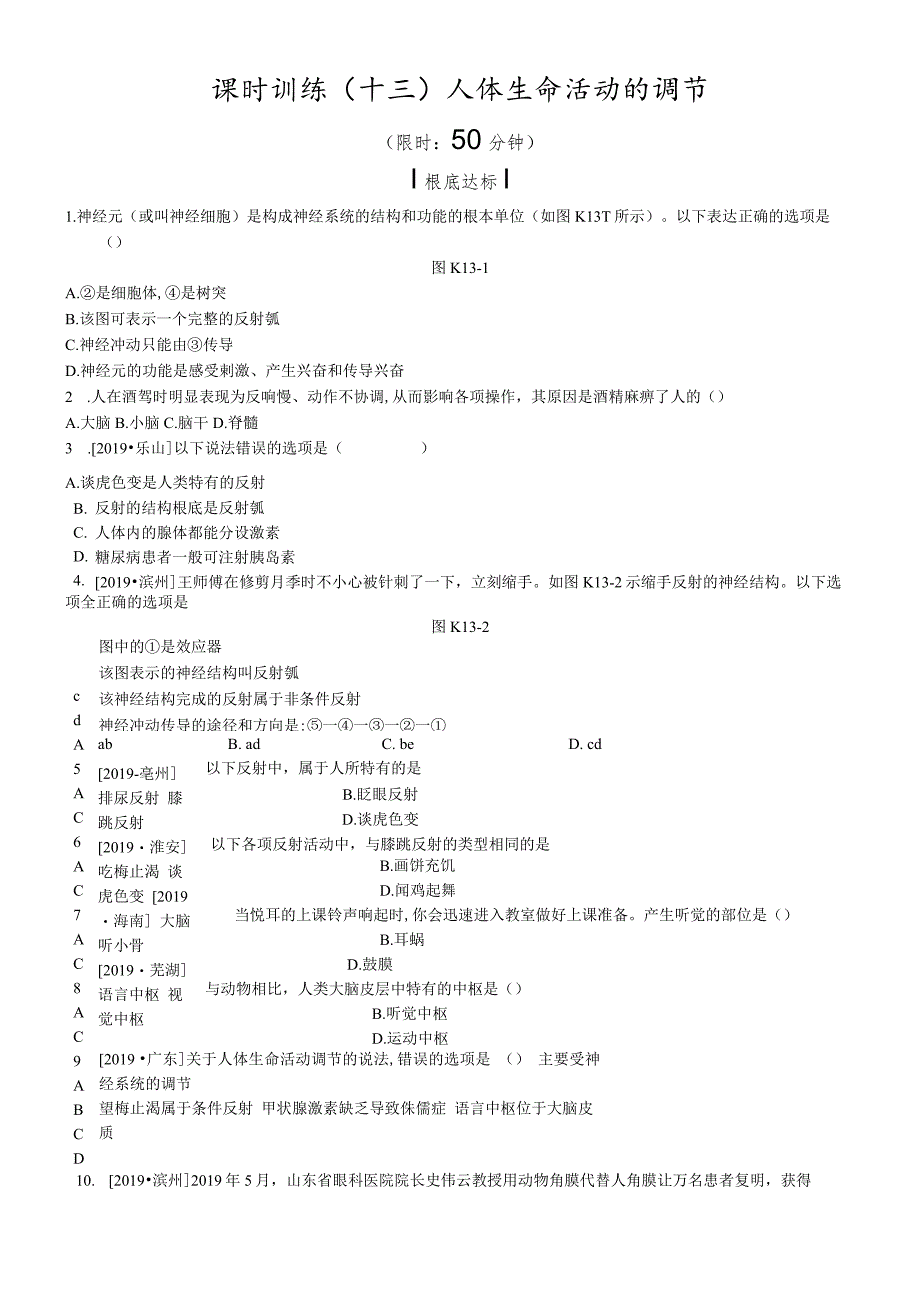 课时训练13人体生命活动的调节.docx_第1页