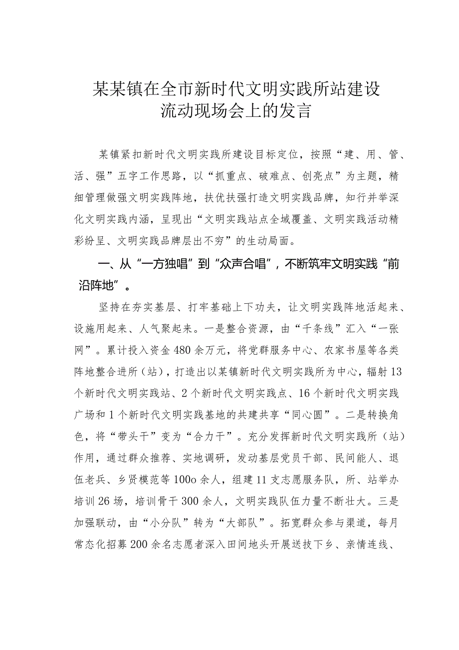 某某镇在全市新时代文明实践所站建设流动现场会上的发言.docx_第1页