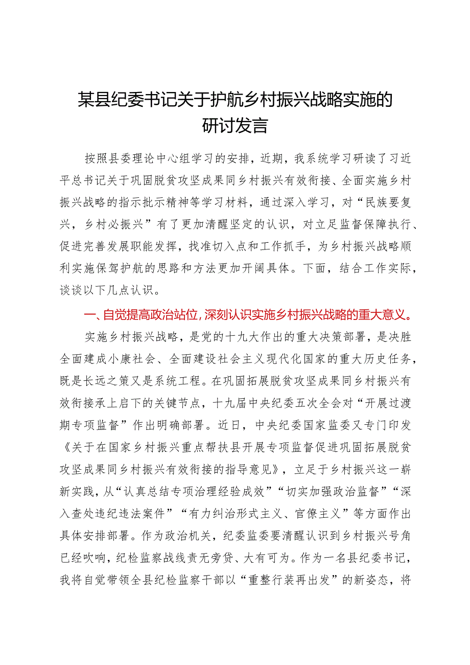 某县纪委书记关于护航乡村振兴战略实施的研讨发言.docx_第1页