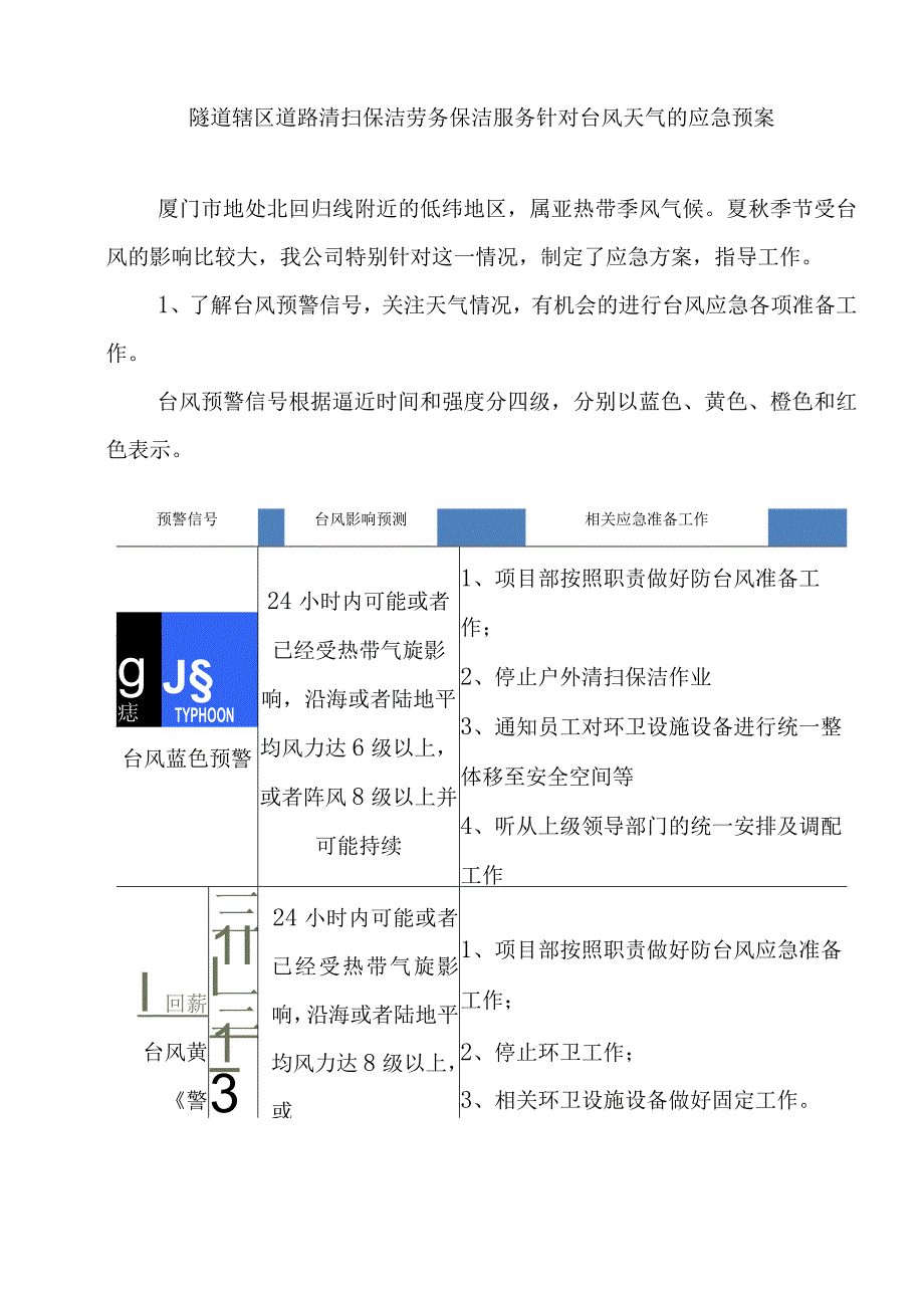 隧道辖区道路清扫保洁劳务保洁服务针对台风天气的应急预案.docx_第1页