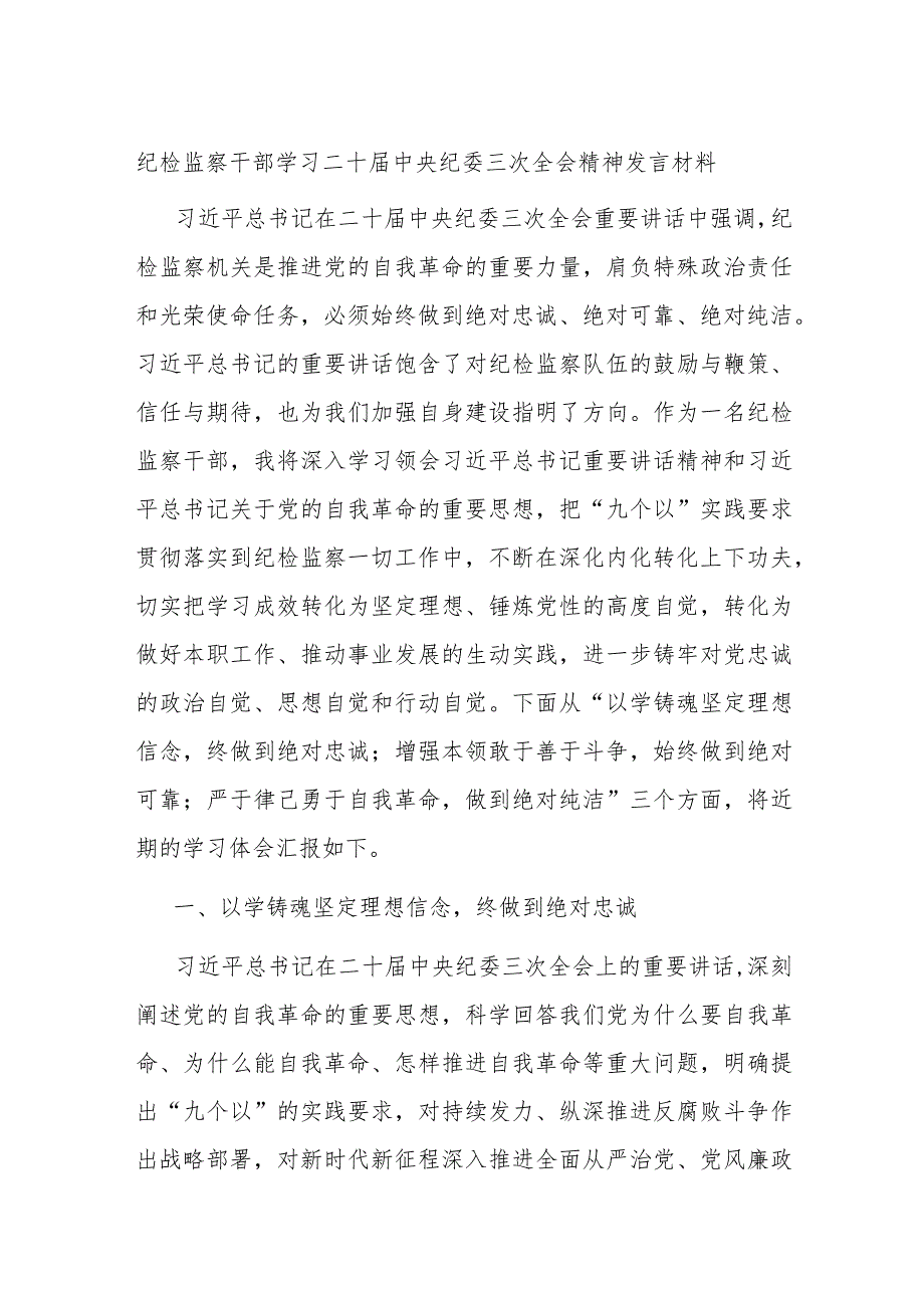 纪检监察干部学习二十届中央纪委三次全会精神发言材料.docx_第1页