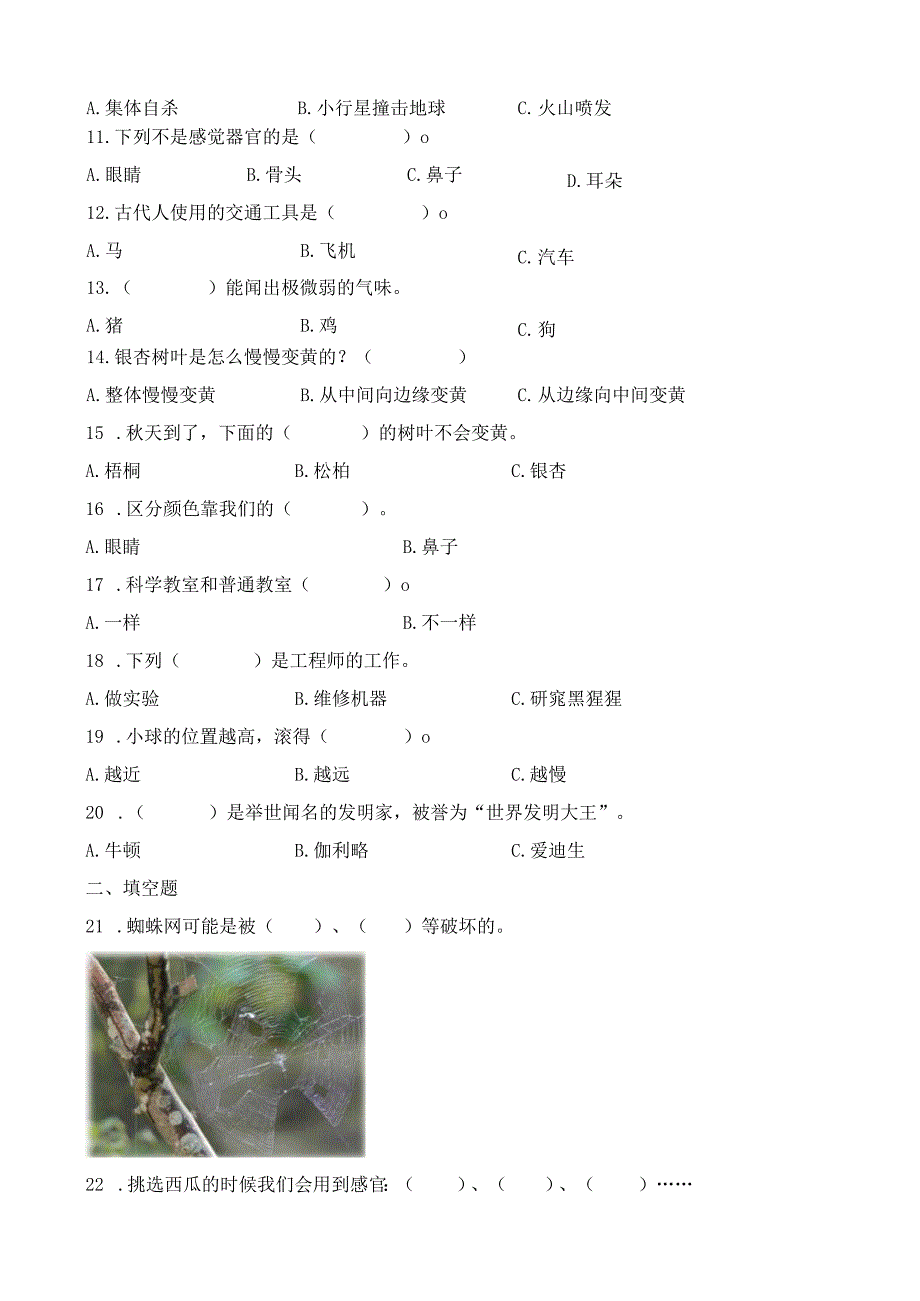 苏教版一年级上册科学期末测试卷（五）及答案.docx_第2页