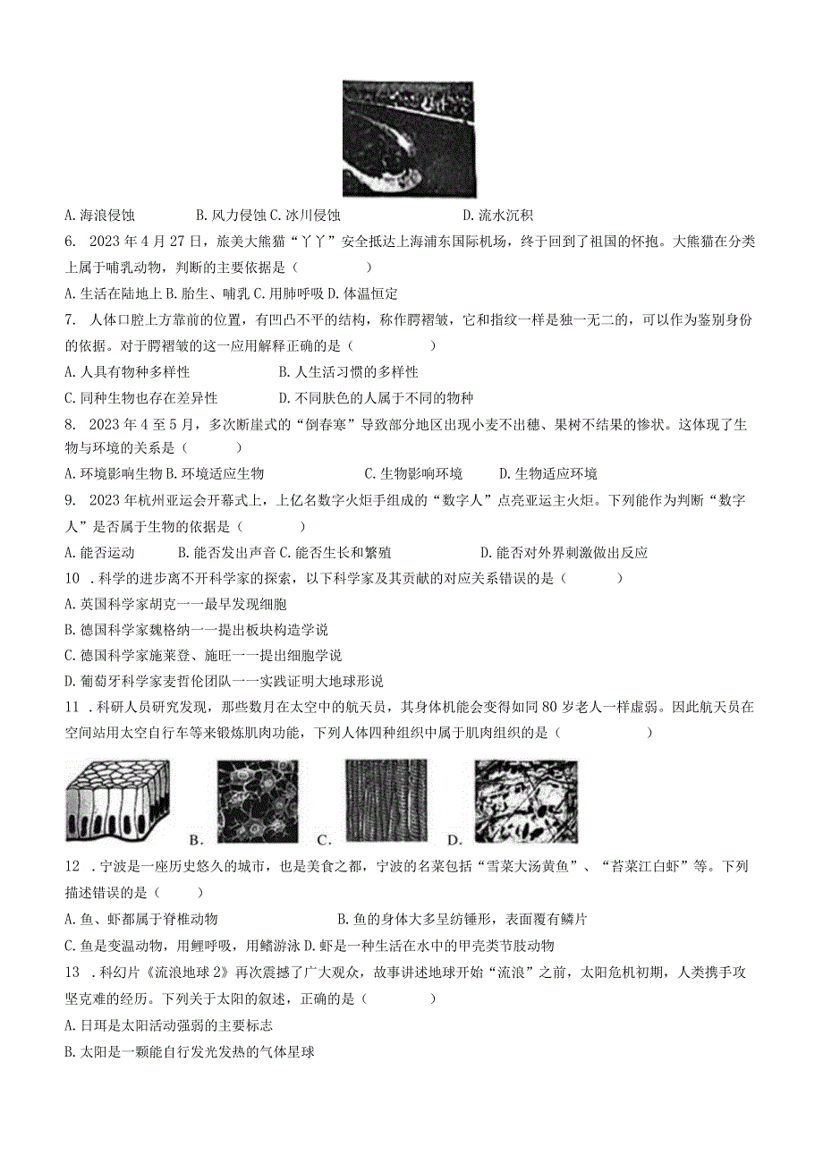 浙江省宁波市鄞州区2023-2024学年七年级上学期期末检测科学试题+.docx_第2页