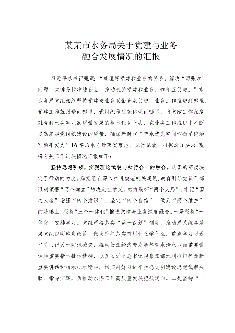 某某市水务局关于党建与业务融合发展情况的汇报.docx_第1页