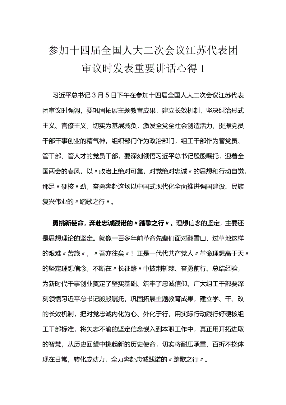 两会：参加十四届全国人大二次会议江苏代表团审议时发表重要讲话心得（2篇）.docx_第1页