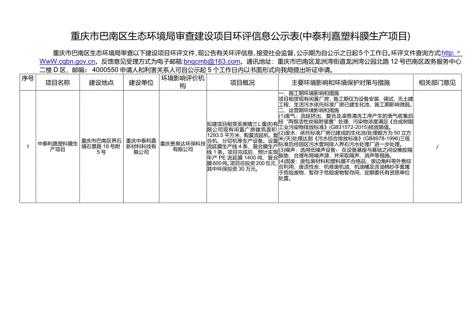 重庆市巴南区环境保护局受理建设项目环评信息公告（非辐射.docx_第1页