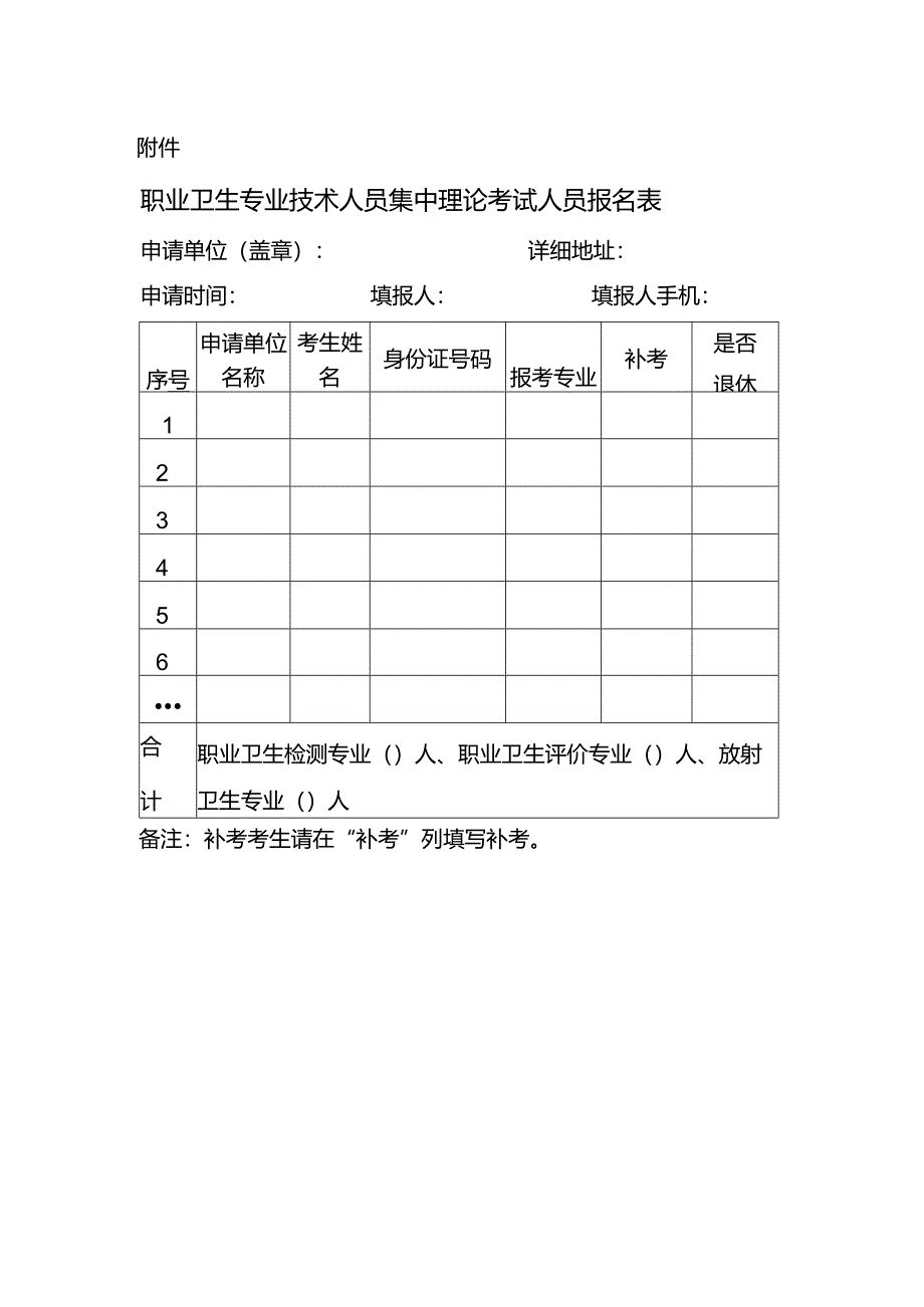 职业卫生专业技术人员集中理论考试人员报名表.docx_第1页