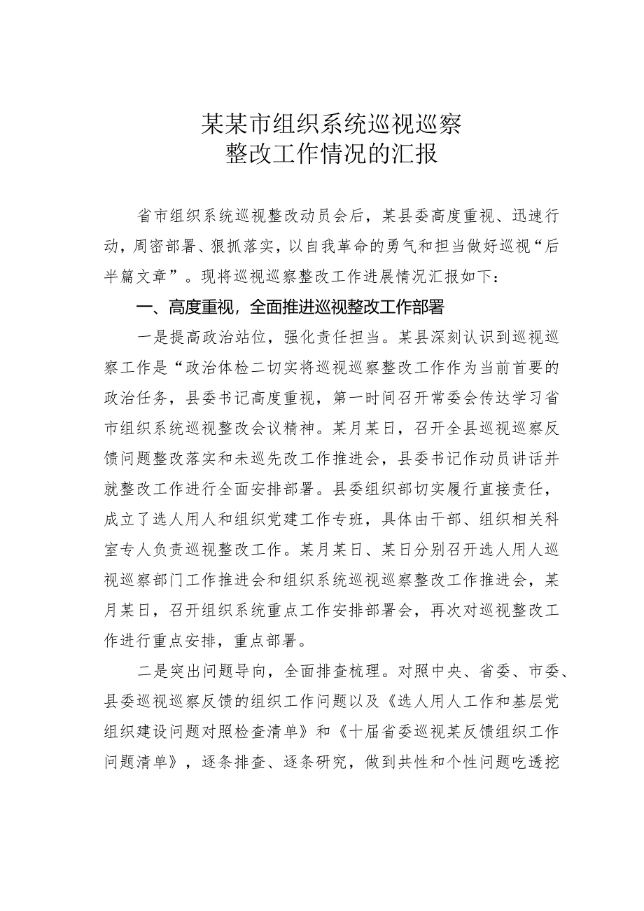 某某市组织系统巡视巡察整改工作情况的汇报.docx_第1页