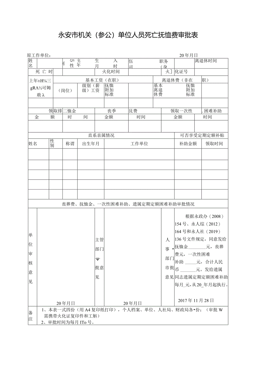 永安市机关事业单位人员死亡抚恤费审批表.docx_第1页