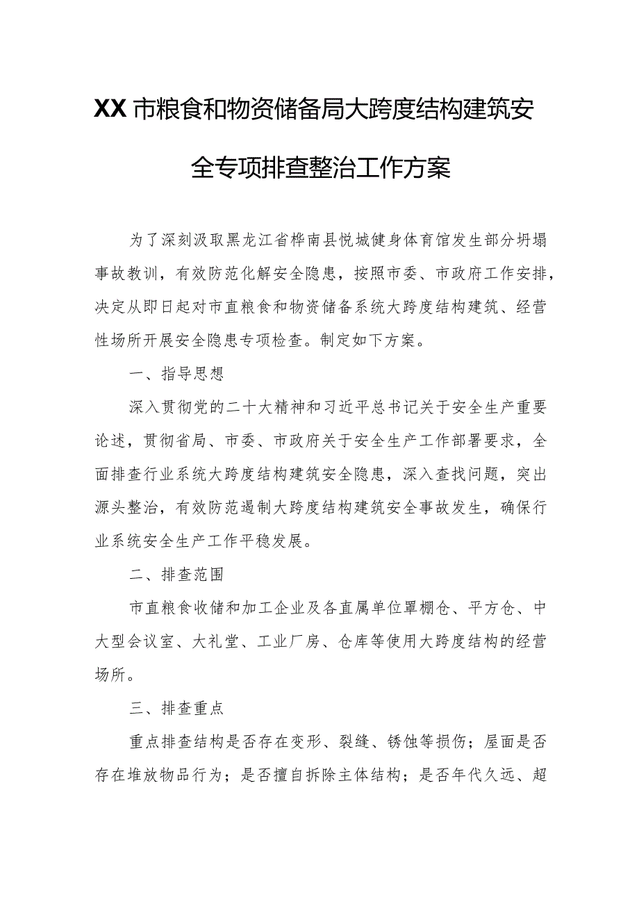 XX市粮食和物资储备局大跨度结构建筑安全专项排查整治工作方案.docx_第1页