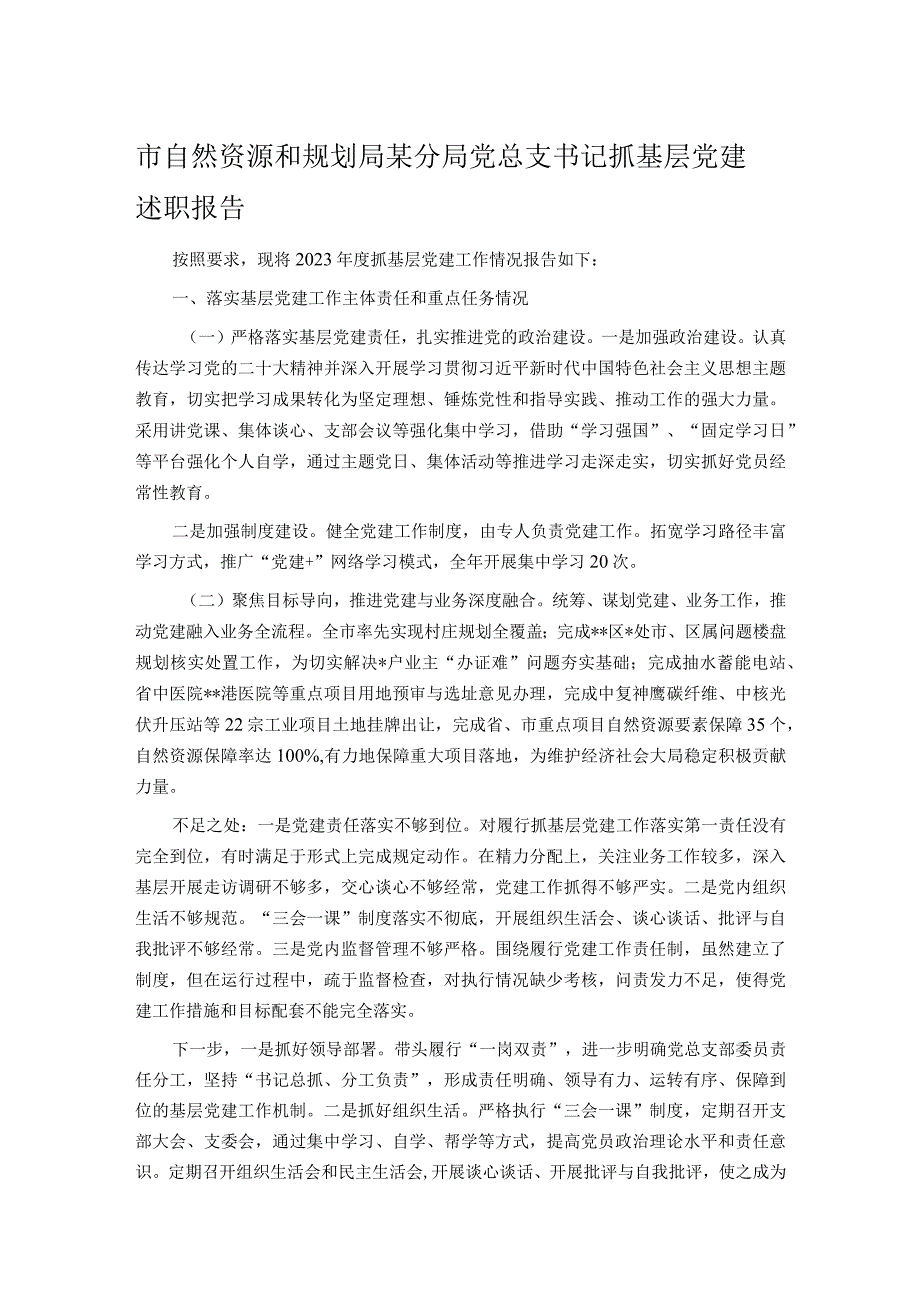 市自然资源和规划局某分局党总支书记抓基层党建述职报告.docx_第1页