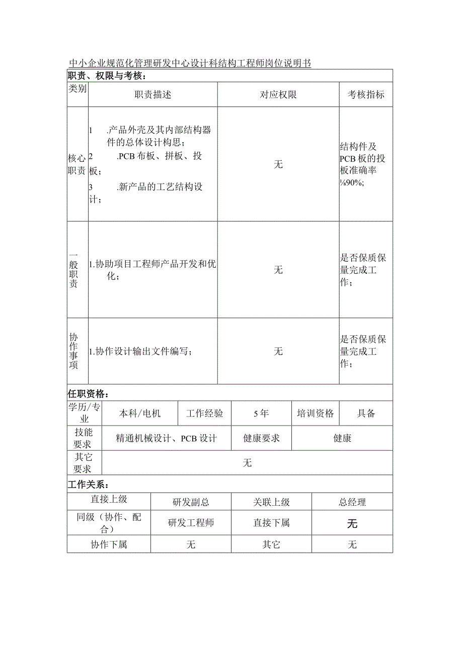 中小企业规范化管理研发中心设计科结构工程师岗位说明书.docx_第1页