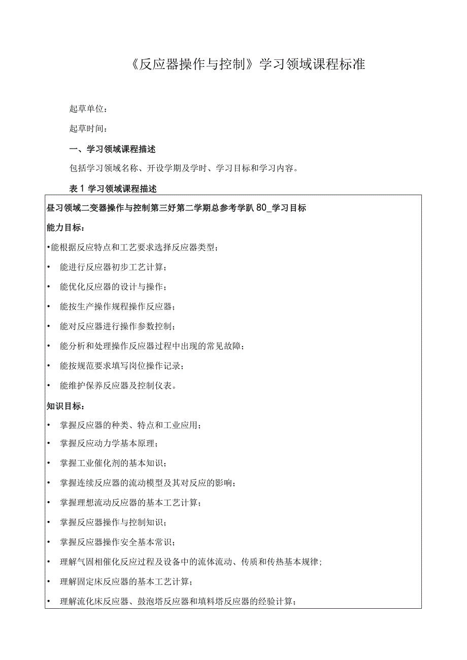 《反应器操作与控制》学习领域课程标准.docx_第1页