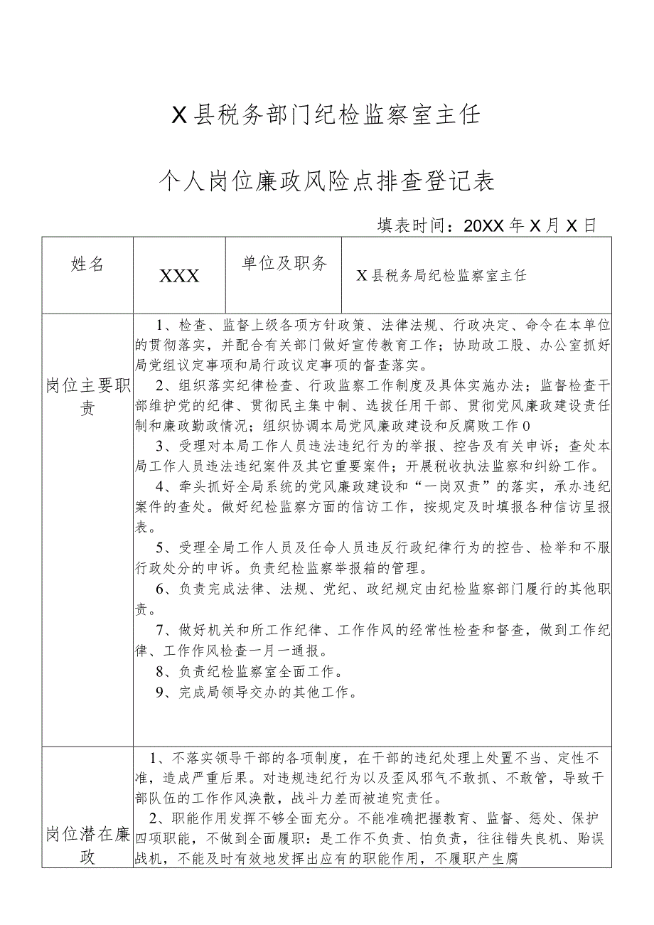 某县税务部门部门纪检监察室主任个人岗位廉政风险点排查登记表.docx_第1页