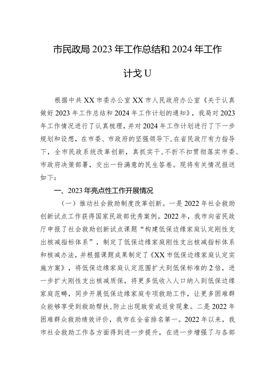 市民政局2023年工作总结和2024年工作计划（20240129）.docx_第1页