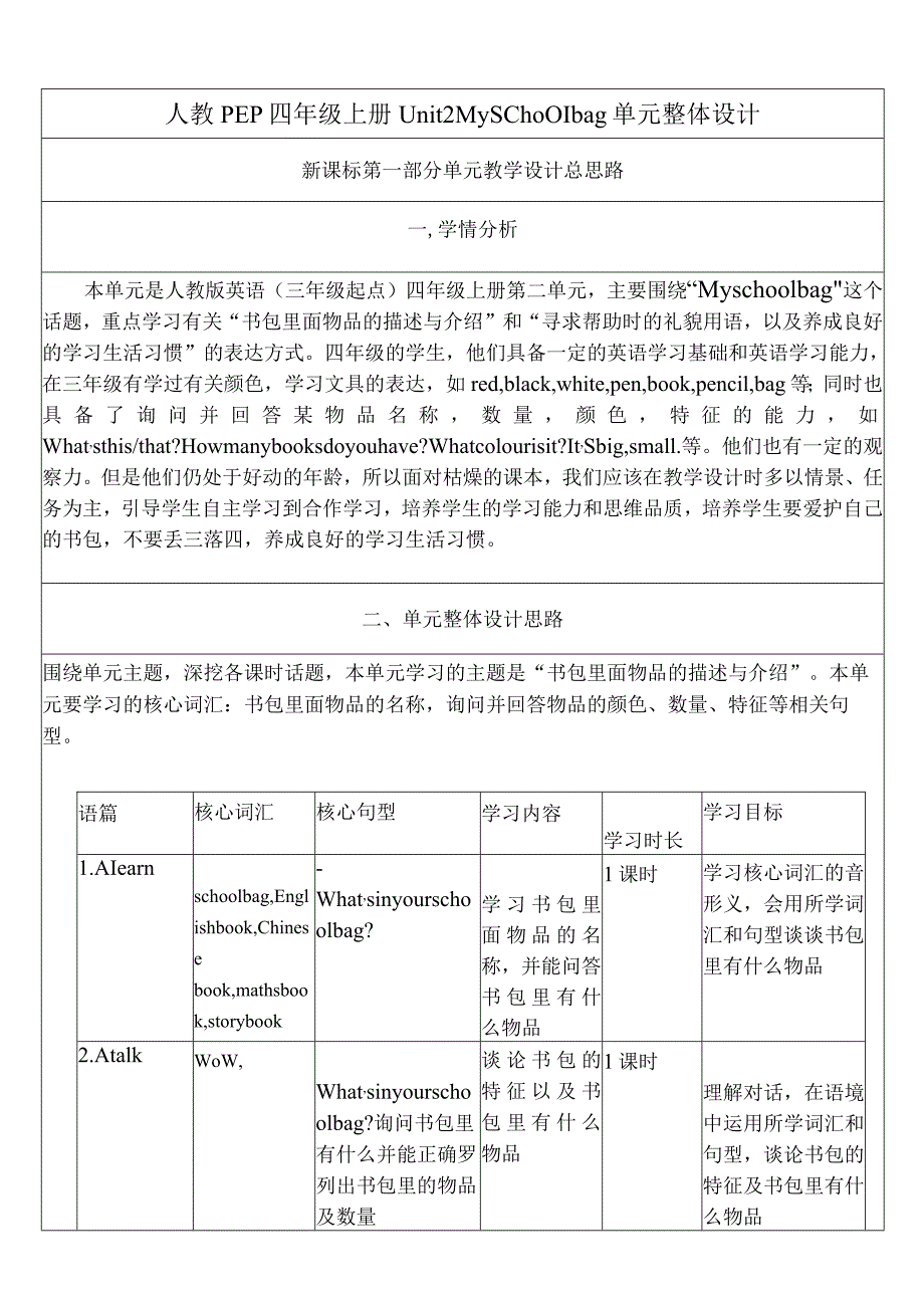 人教PEP四上大单元教学Unit 2 My schoolbagPA Let's spell 教案.docx_第1页