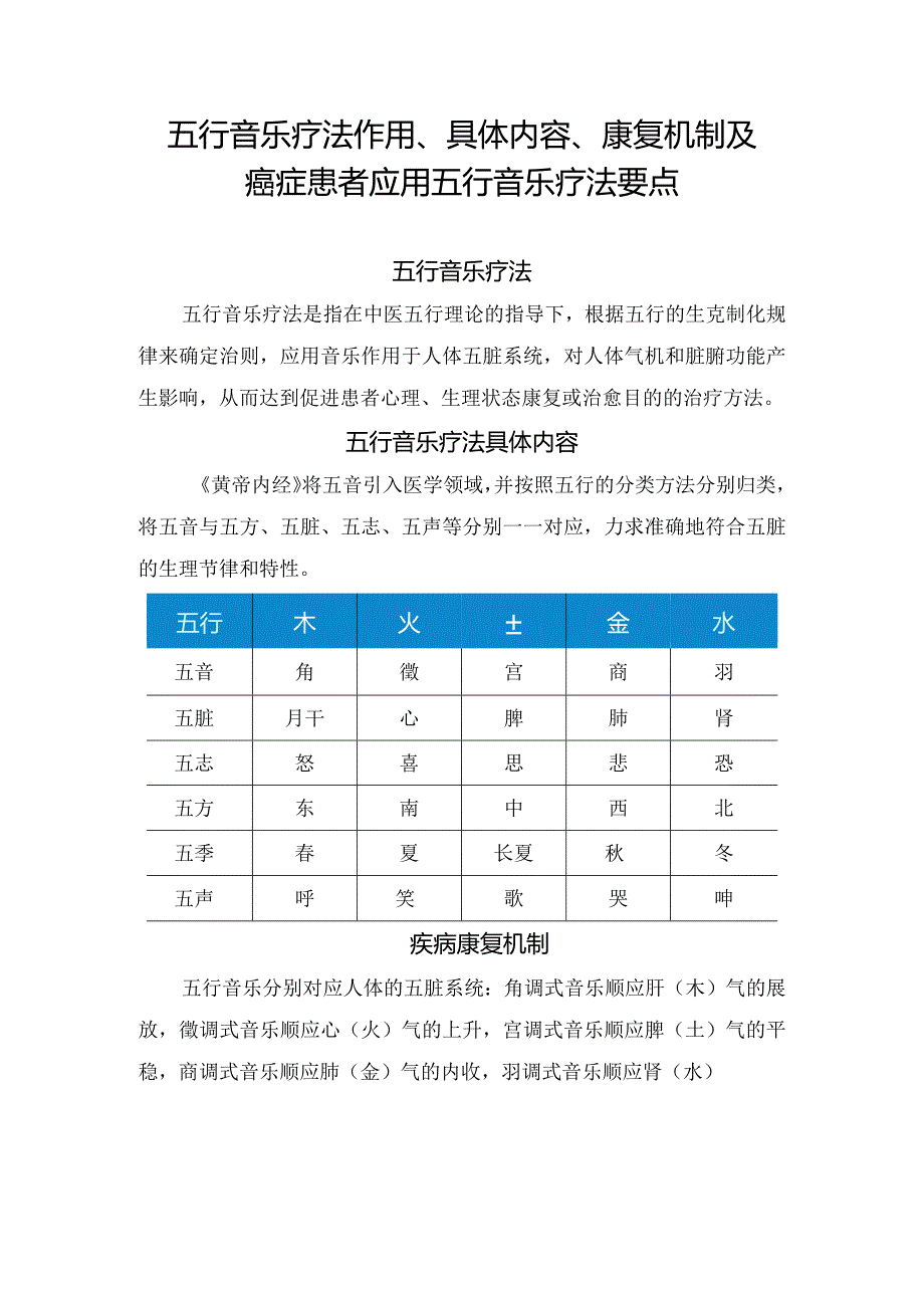 五行音乐疗法作用、具体内容、康复机制及癌症患者应用五行音乐疗法要点.docx_第1页