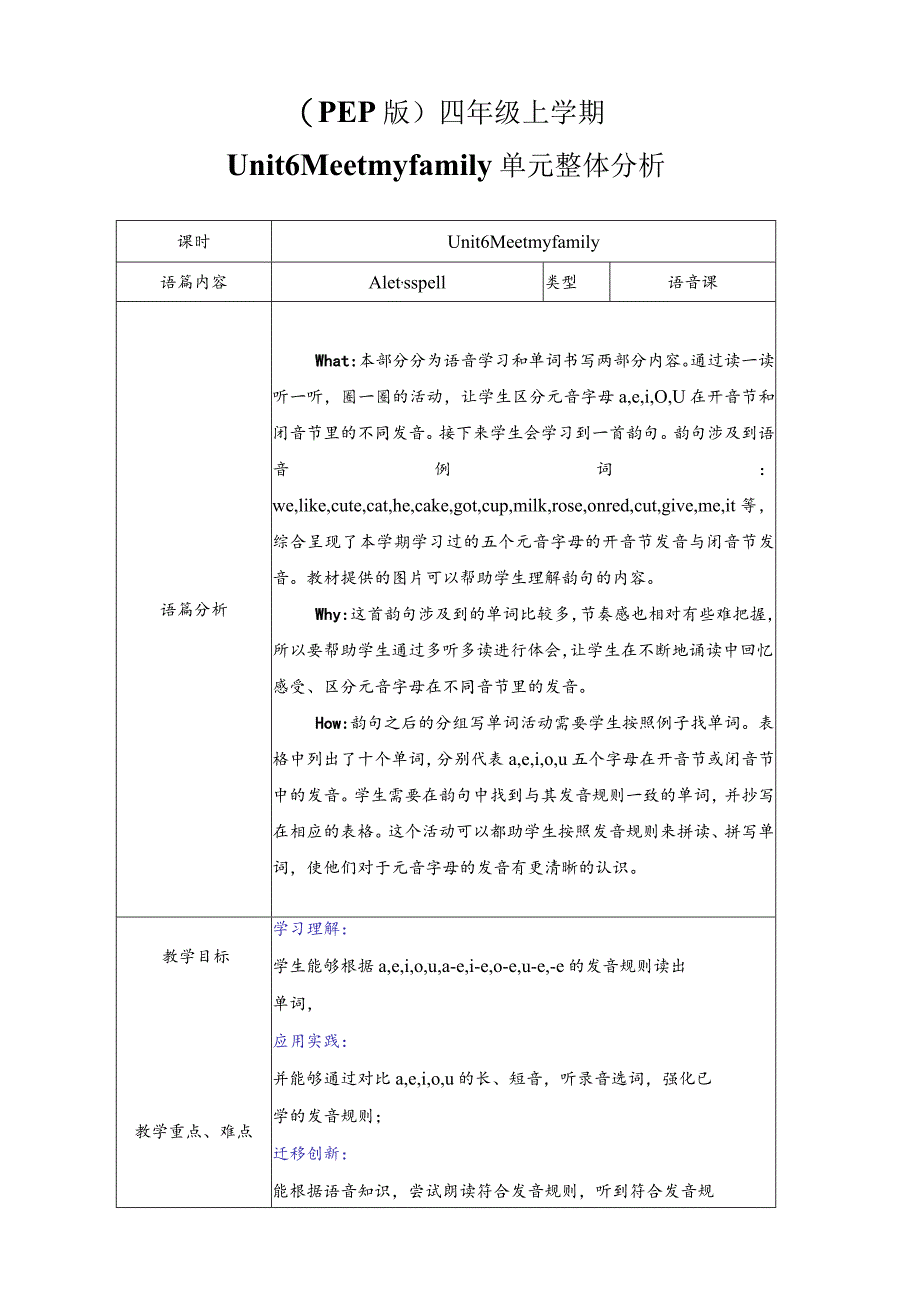 人教PEP四上大单元教学设计Unit6 Meet my family A let's spell.docx_第1页