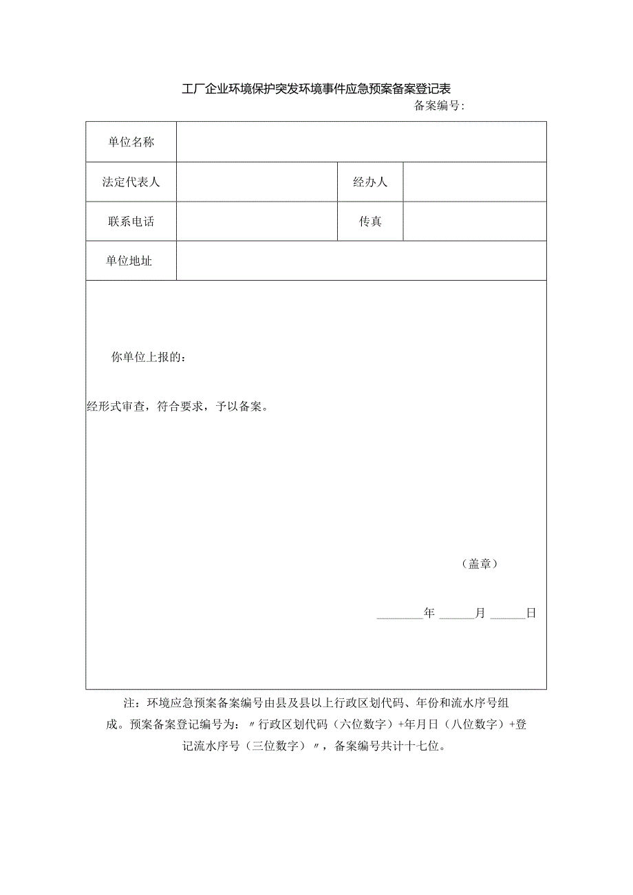 工厂企业环境保护突发环境事件应急预案备案登记表.docx_第1页