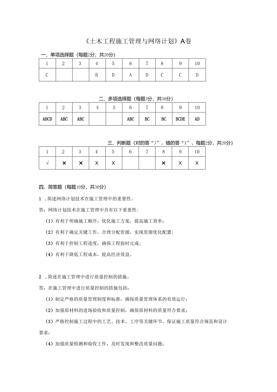 土木工程施工管理与网络计划 A卷复习资料.docx_第1页