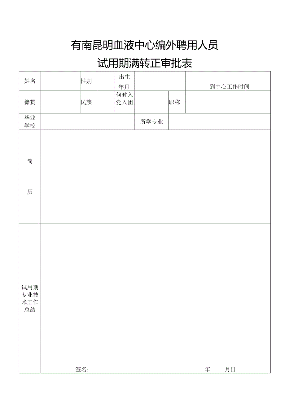 云南昆明血液中心编外聘用人员试用期满转正审批表.docx_第1页