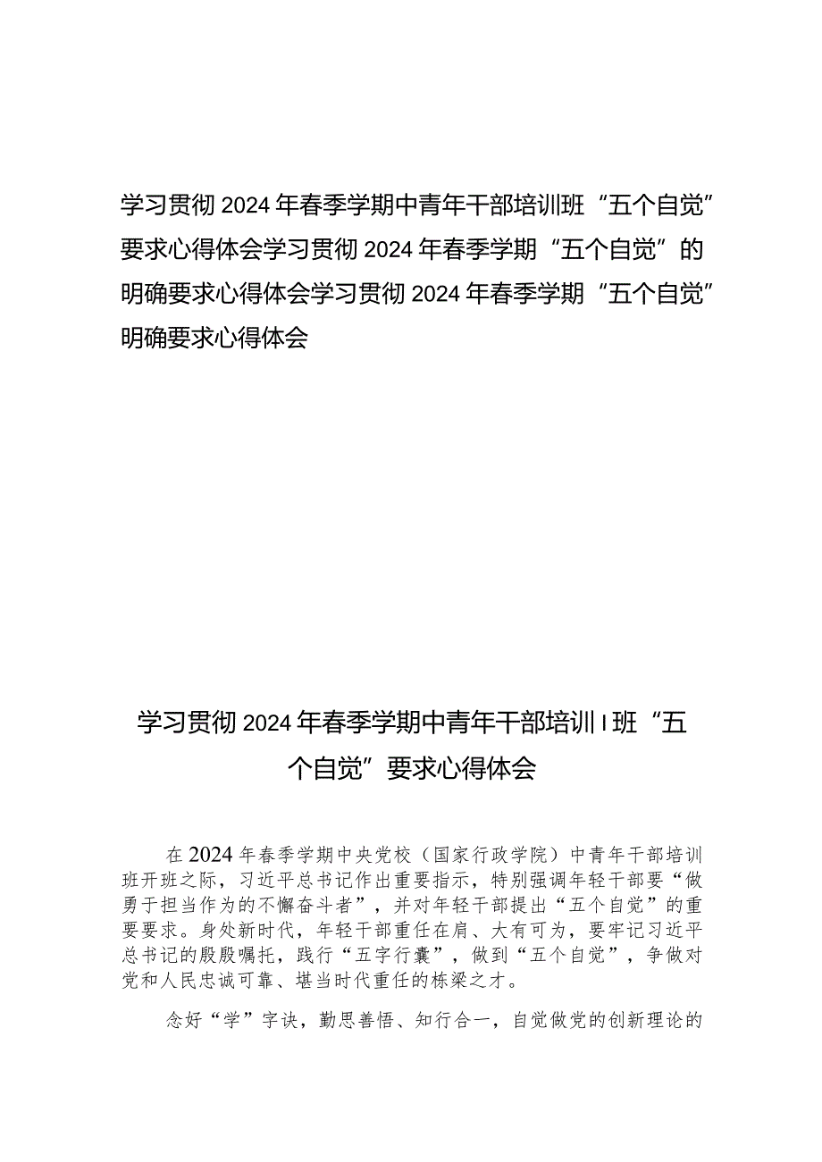 学习贯彻2024年春季学期中青年干部培训班“五个自觉”的明确要求心得体会3篇.docx_第1页