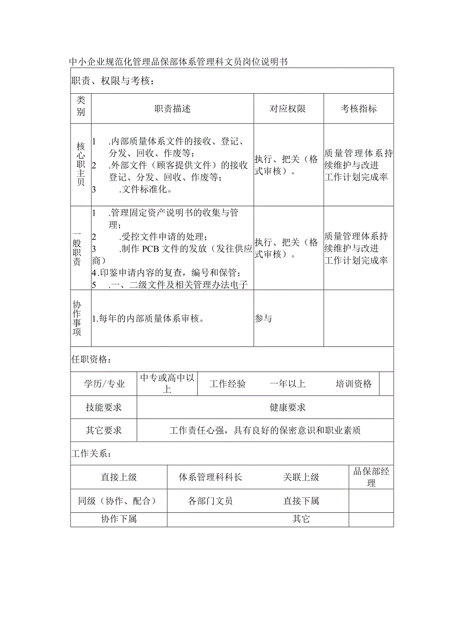 中小企业规范化管理品保部体系管理科文员岗位说明书.docx_第1页