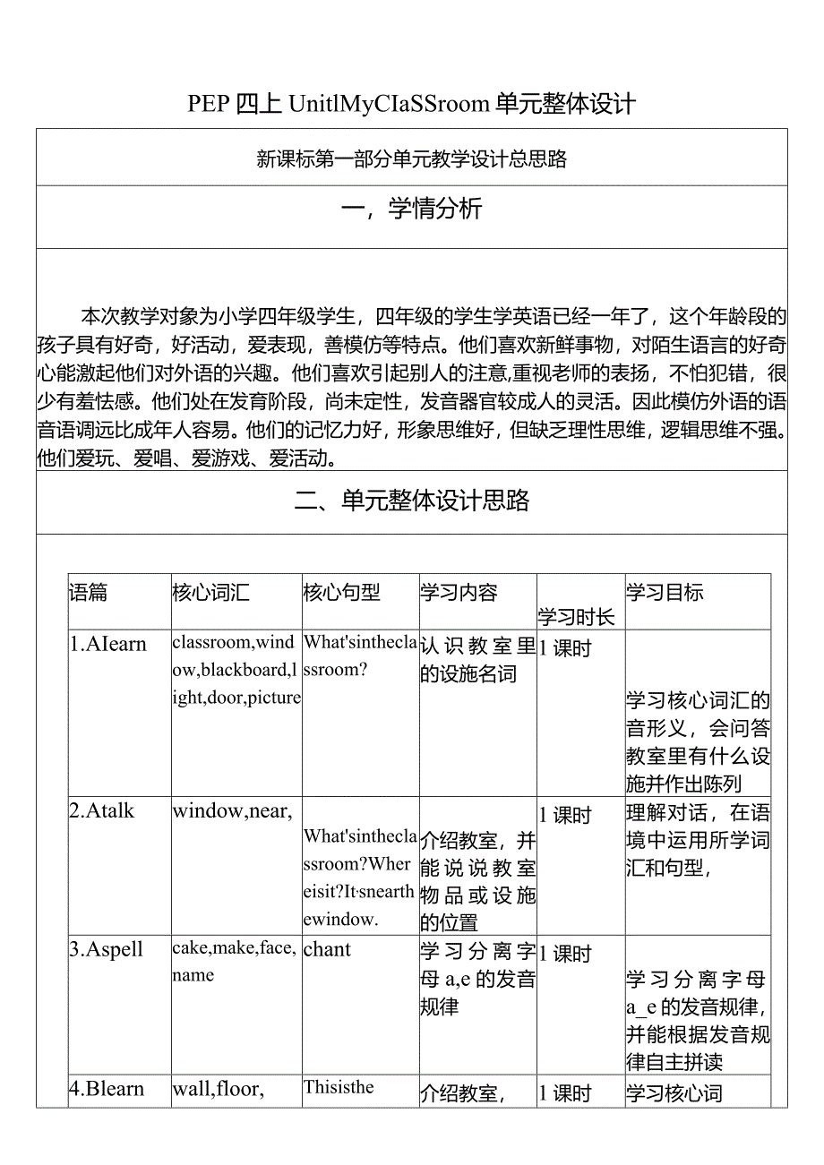 人教PEP四上大单元教学Unit 1 My classroom PB Let's talk 教案.docx_第1页