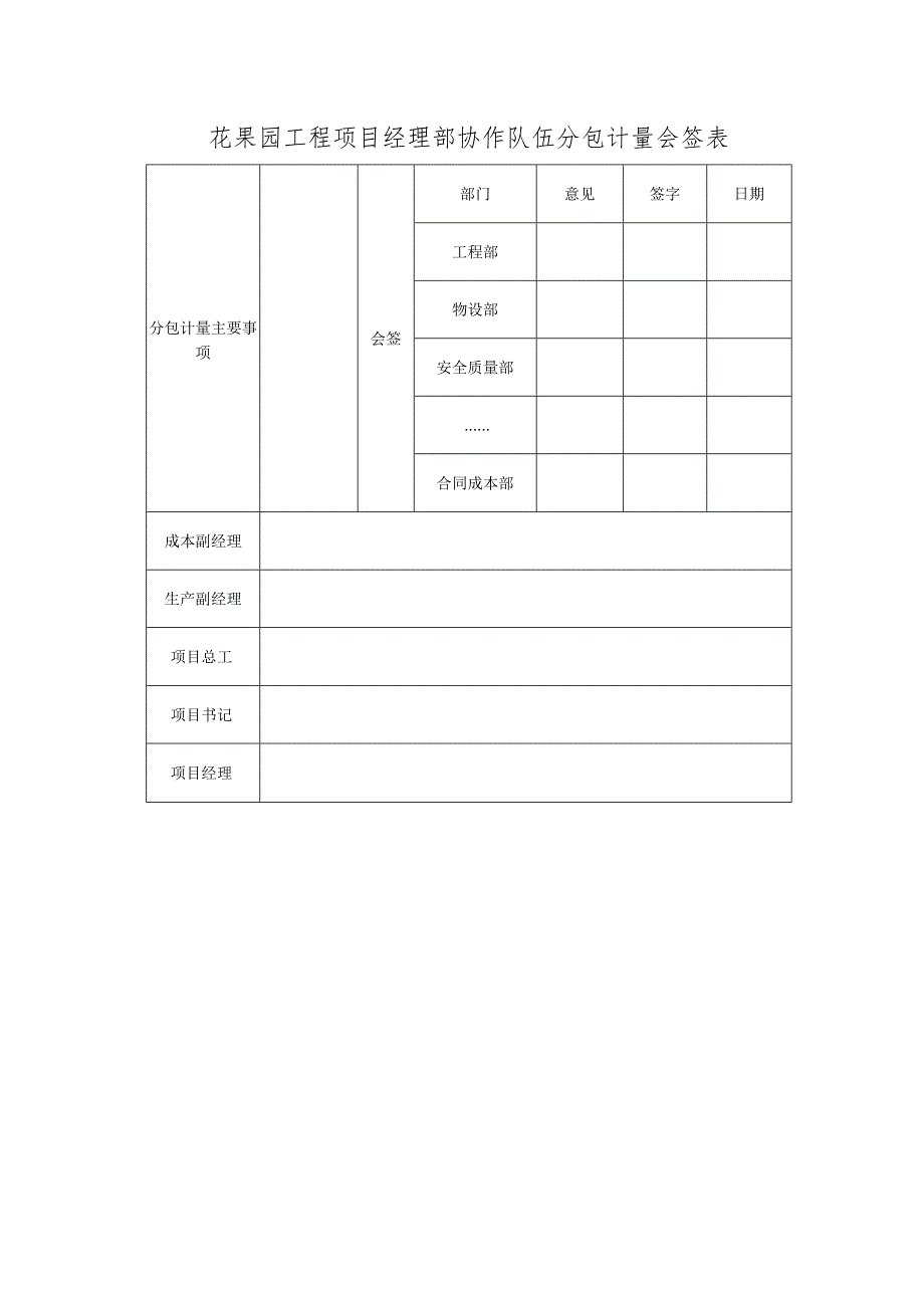 花果园工程项目经理部协作队伍分包计量会签表.docx_第1页