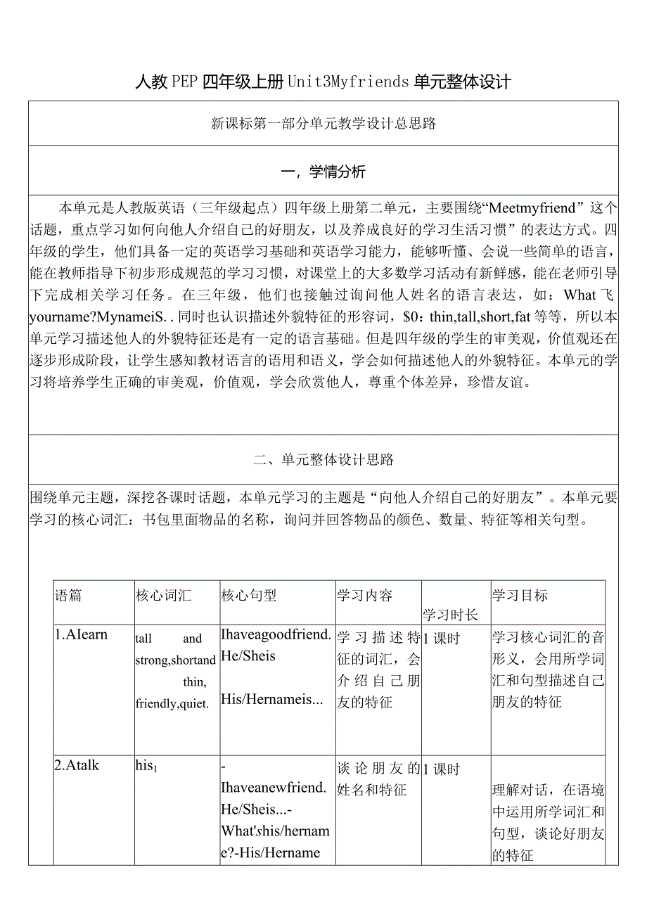 人教PEP四上大单元教学Unit 3 My friends PB Let's learn 教案.docx_第1页