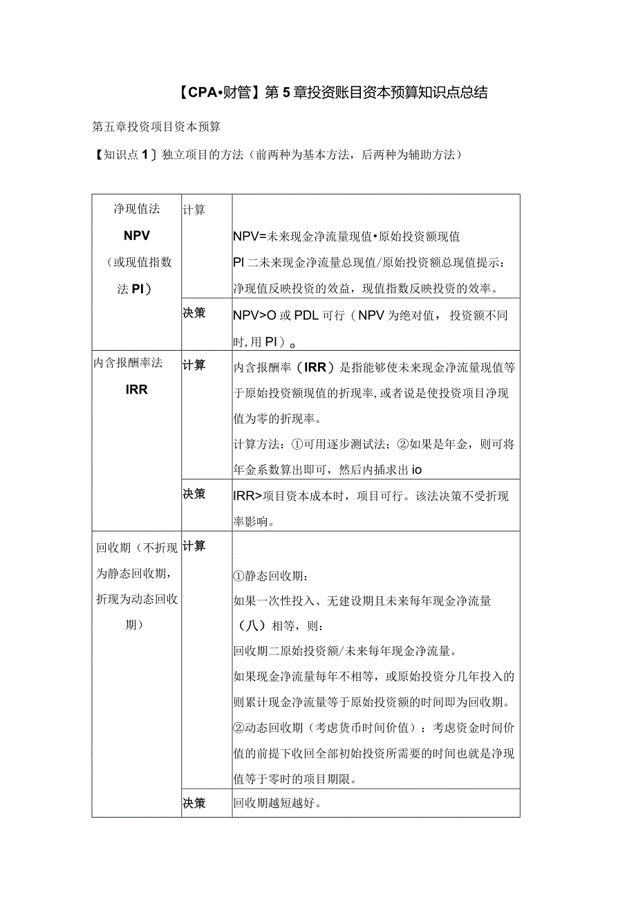 【CPA-财管】第5章投资账目资本预算知识点总结.docx_第1页