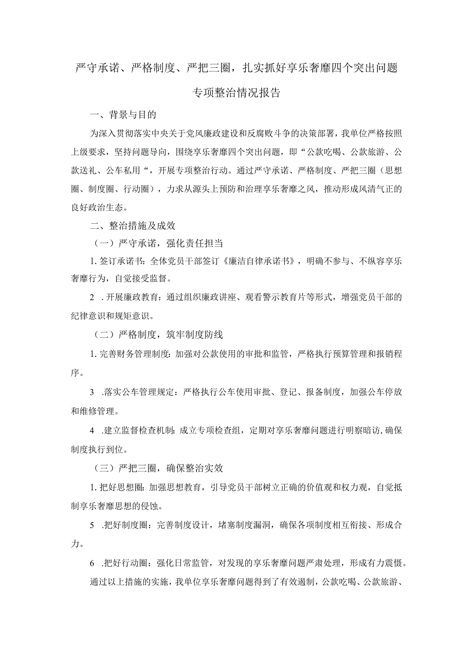 严守承诺、严格制度、严把三圈扎实抓好享乐奢靡四个突出问题专项整治情况报告.docx_第1页