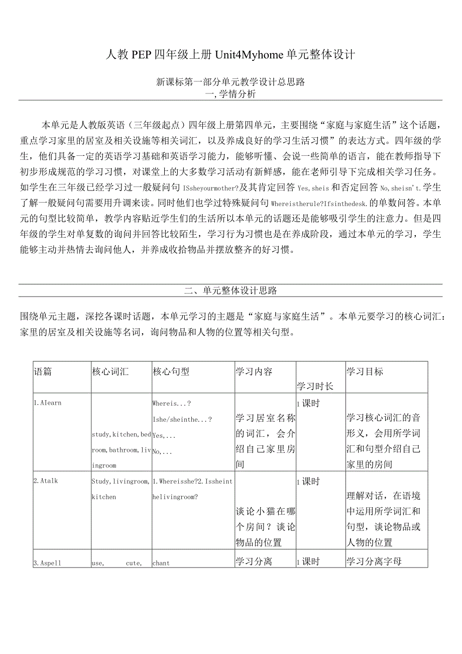 人教PEP四上大单元教学Unit 4 My home PA Let's spell 教案.docx_第1页