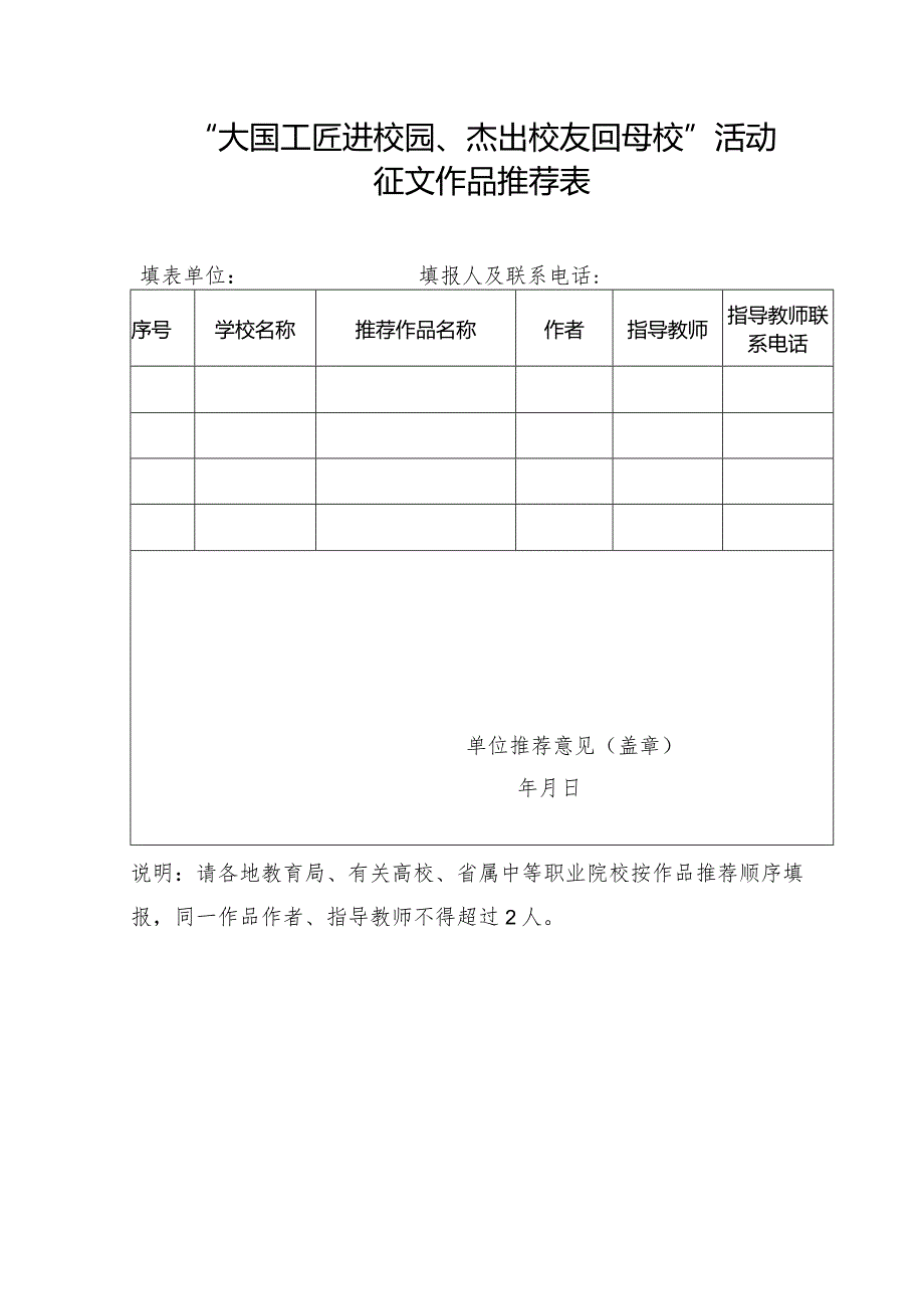 “大国工匠进校园、杰出校友回母校”活动征文作品推荐表（2024年）.docx_第1页