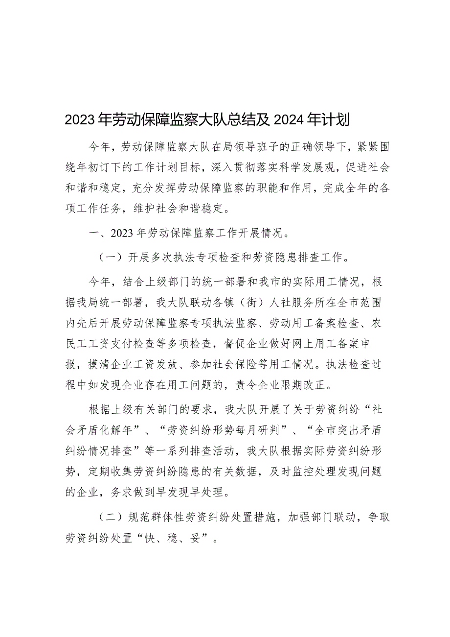 2023年劳动保障监察大队总结及2024年计划&商会2023年党建工作计划.docx_第1页