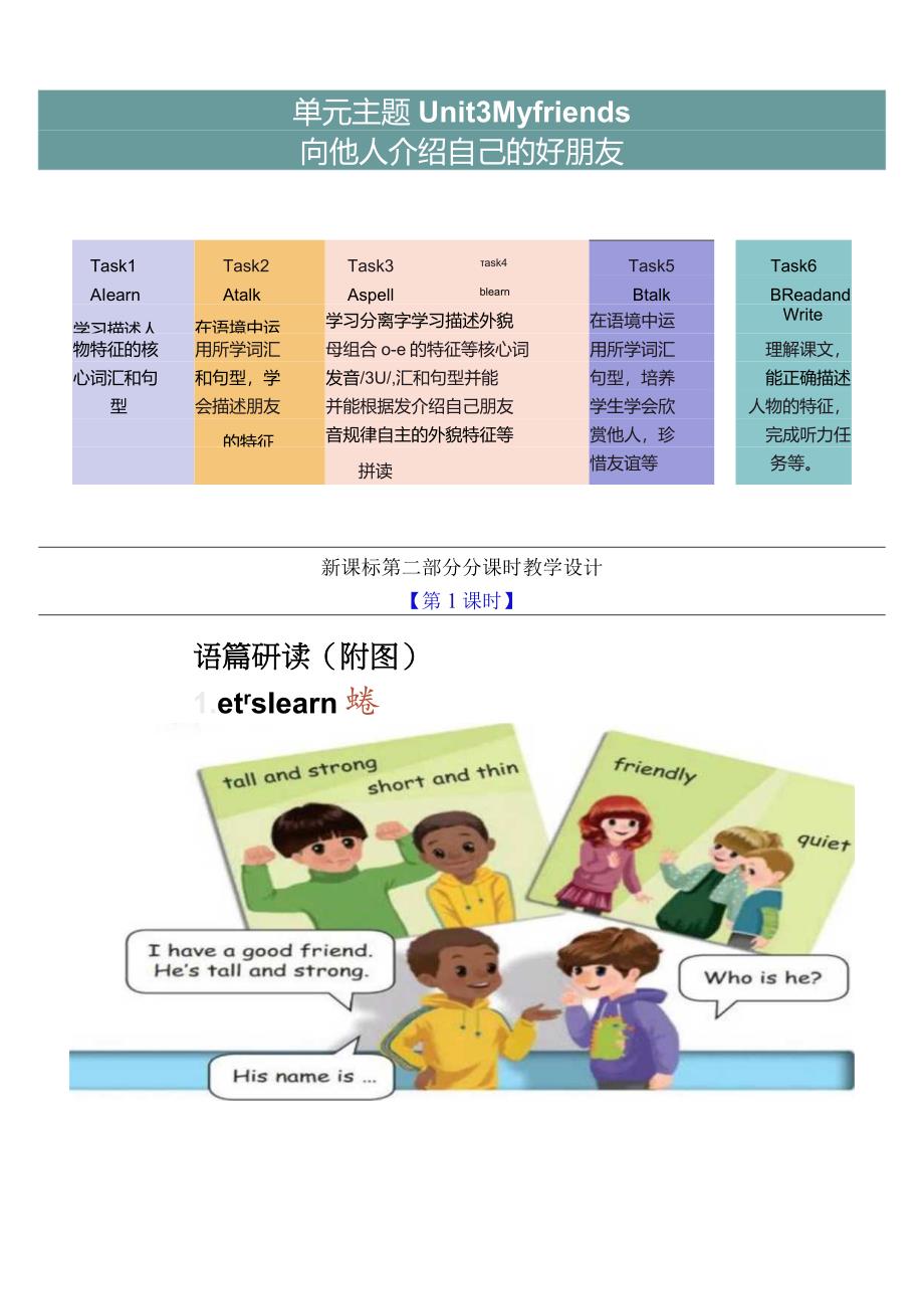 人教PEP四上大单元教学Unit 3 My friends PA Let's learn 教案.docx_第3页