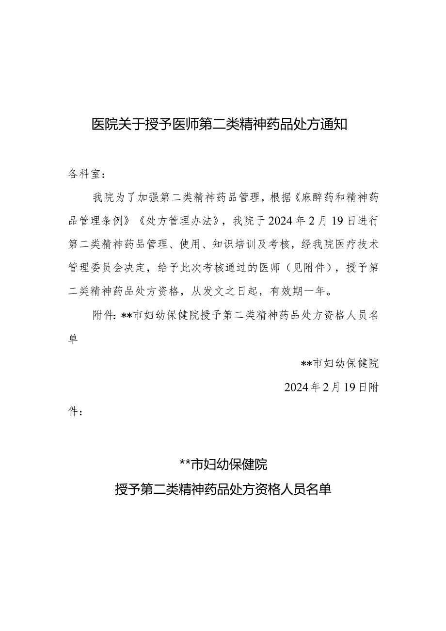 医院关于授予医师第二类精神药品处方通知.docx_第1页