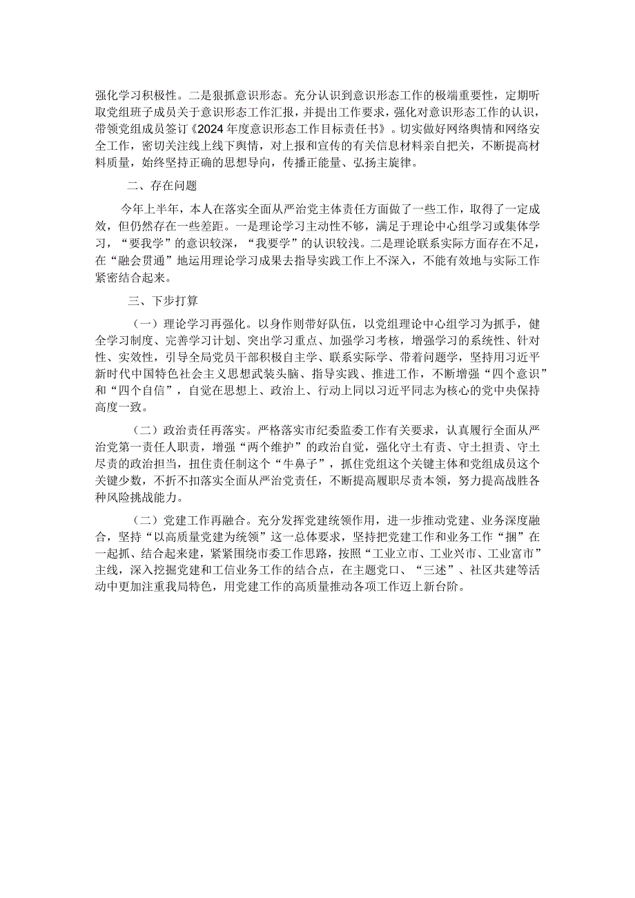 工信局长2024年上半年全面从严治党工作第一责任人履职情况报告.docx_第2页