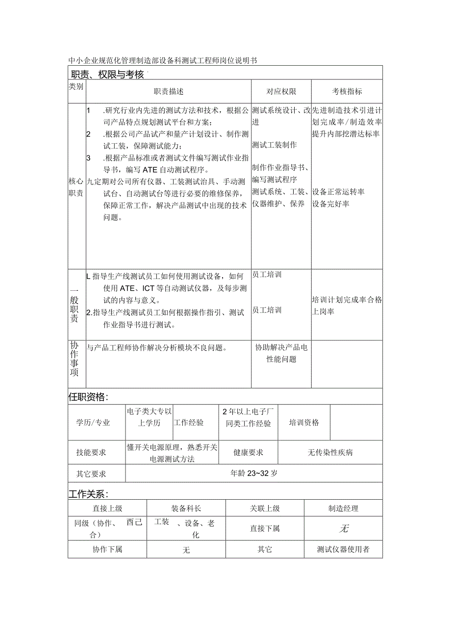 中小企业规范化管理制造部设备科测试工程师岗位说明书.docx_第1页