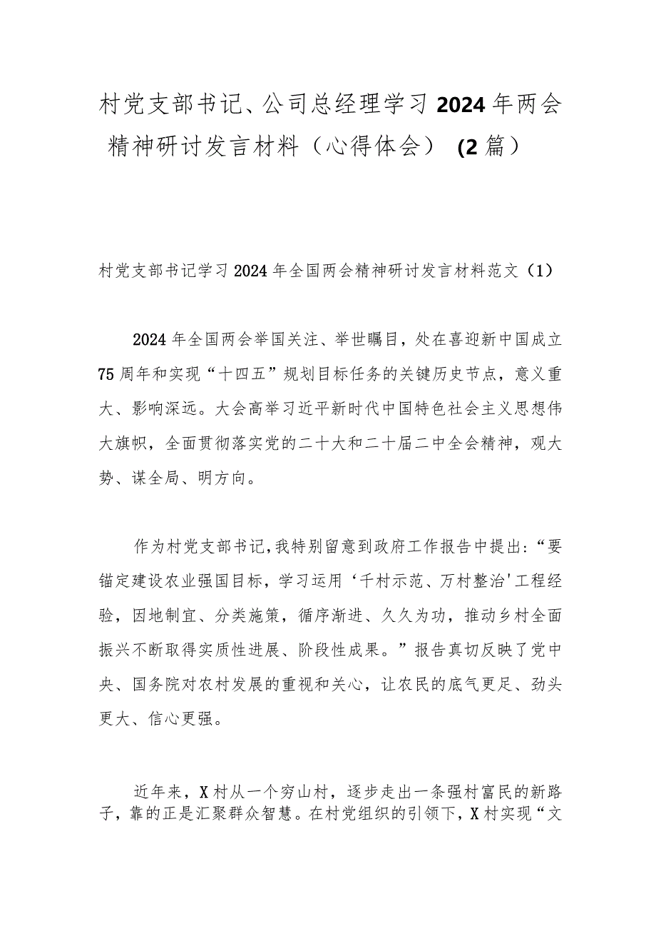 （2篇）村党支部书记、公司总经理学习2024年两会精神研讨发言材料（心得体会）.docx_第1页